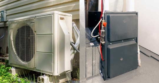 side by side photos of heat pump and furnace